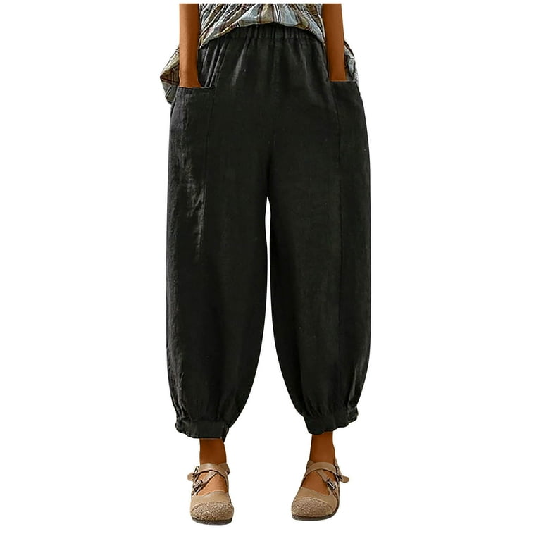 Linen Wide Leg Pants for Women Summer Casual Elastic Waisted