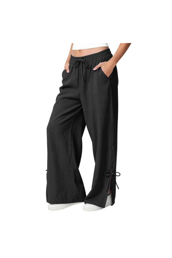 Linen Wide Leg Trousers Women Lounge Soft Palazoo Dressy Cotton Work Travel Fitness Womens Pants Black
