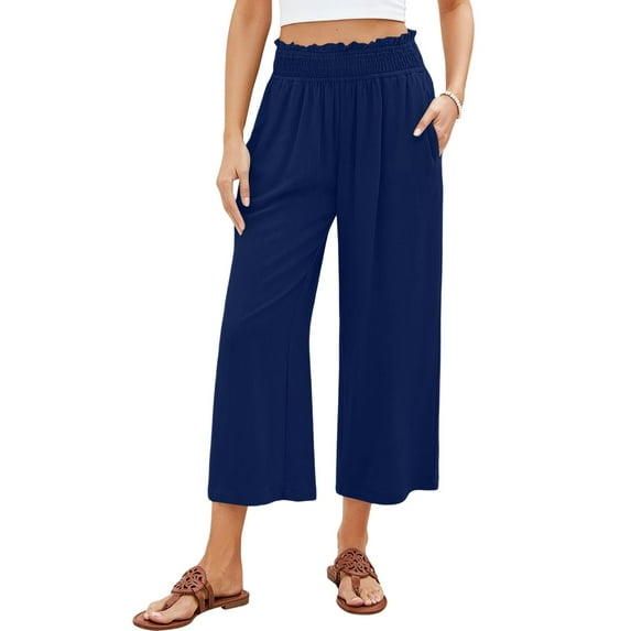 Linen Red Crop Pants for Women Comfy High Waist Bell Bottom Stretch Capri Pants Elastic Lightweight Dressy Boho Pants with Pockets L