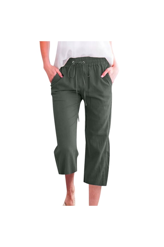 Linen Womens Capri Pants 2026 Spring Summer Crop Lounge Loose Fit Cotton Soft Gifts for Teachers Army Green