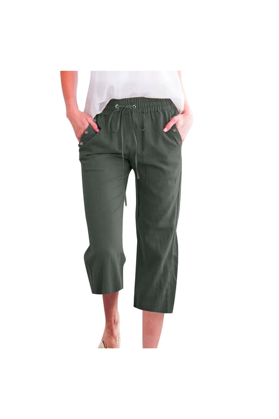 Linen Womens Capri Pants 2026 Spring Summer Crop Lounge Loose Fit Cotton Soft Gifts for Teachers Army Green