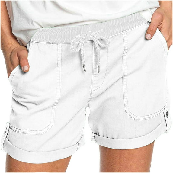 Linen Womens Shorts with Pockets Women's Fashion Solid Color Casual Wide Leg Loose High Waist Lace-Up Shorts White Xl