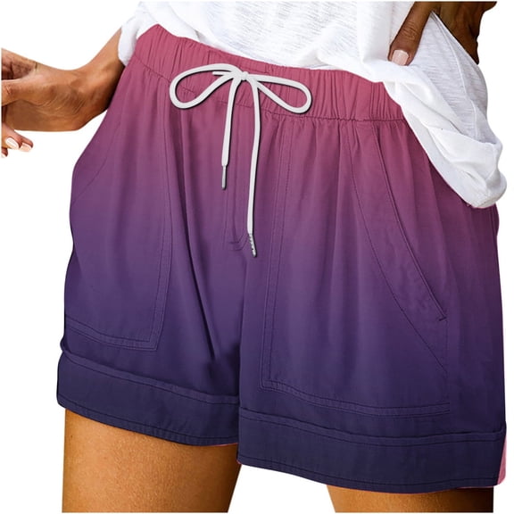 Linen Womens Shorts with Pockets Women's Printed Casual Loose Pockets Drawstring Short Pants New Purple M