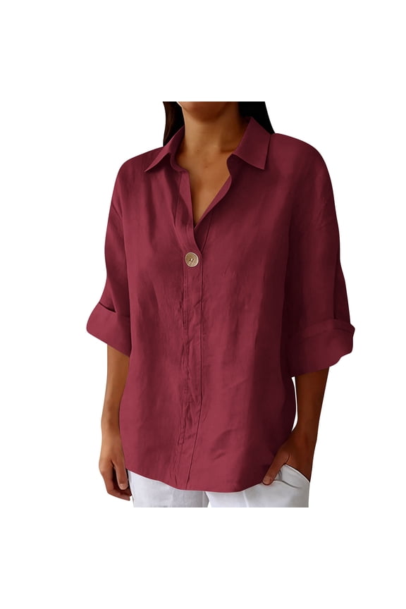 Linen Womens V-neck Tunic Tops 3/4 Sleeve Loose Fit Single Button Solid T-Shirts Fashionable Casual Daily Wear and Weekend Vacation Outings