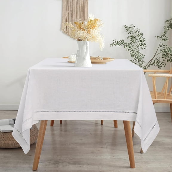 Linen World Hemstitch Linen Tablecloth, 55" x 55" Square, White with Hemstitch Border