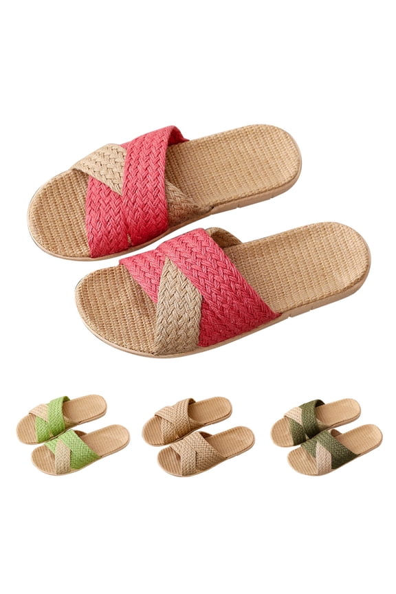 Linen Woven Cross-Strap Slide Sandals Breathable Non-slip Indoor Outdoor Summer Casual Slippers Watermelon Red 36