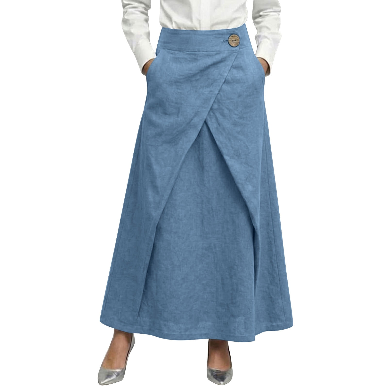 Linen Wrap Maxi Skirt for Women Button Front High Waist A Line