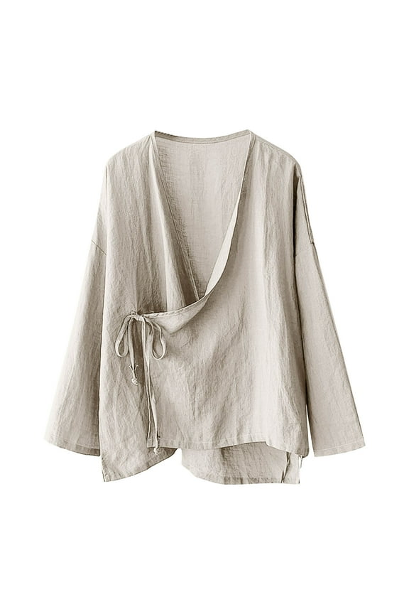 Linen Wrap Top, Yigetop Women's Hanten Kimono Cardigan Long Sleeve Wrap Front Cotton Linen Retro Costume Irregular Shirt Tops Flowy Tops for Women Beige L