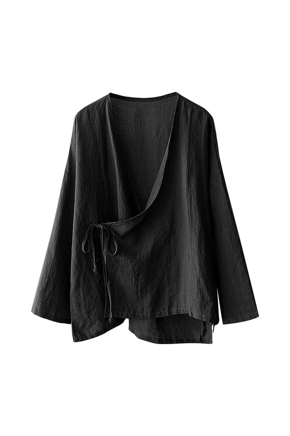 Linen Wrap Top, Yigetop Women's Hanten Kimono Cardigan Long Sleeve Wrap Front Cotton Linen Retro Costume Irregular Shirt Tops Flowy Tops for Women Black 3XL