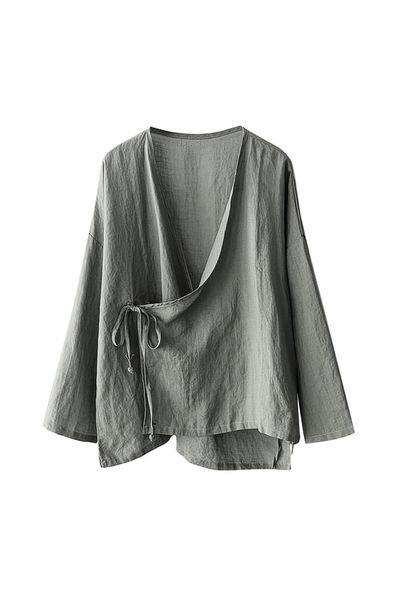 Linen Wrap Top, Yigetop Women's Hanten Kimono Cardigan Long Sleeve Wrap Front Cotton Linen Retro Costume Irregular Shirt Tops Flowy Tops for Women Green M