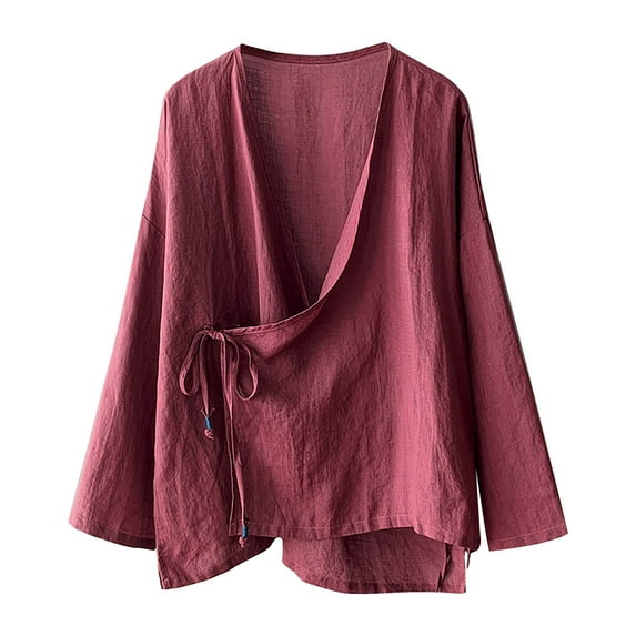 Linen Wrap Top, Yigetop Women's Hanten Kimono Cardigan Long Sleeve Wrap Front Cotton Linen Retro Costume Irregular Shirt Tops Flowy Tops for Women Hot Pink 3XL