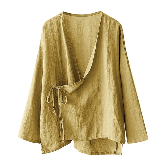 Linen Wrap Top, Yigetop Women's Hanten Kimono Cardigan Long Sleeve Wrap Front Cotton Linen Retro Costume Irregular Shirt Tops Flowy Tops for Women Yellow M