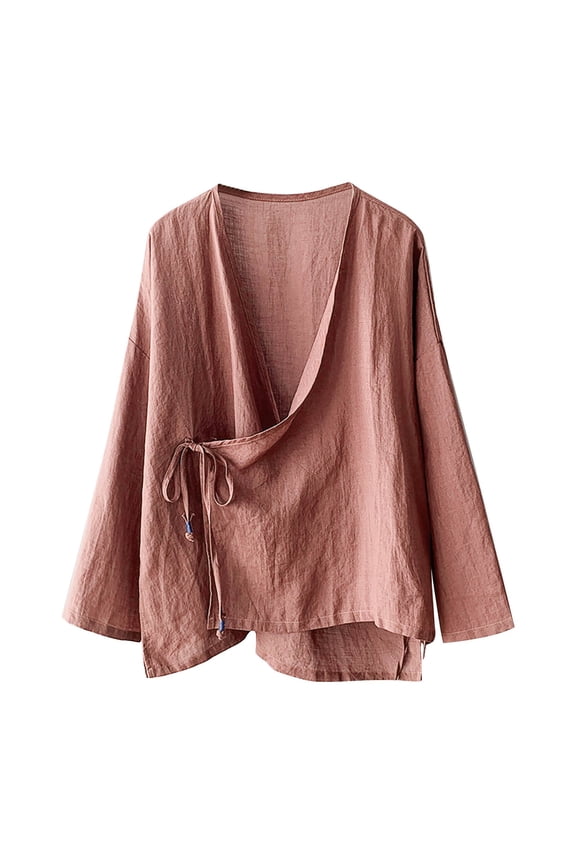 Linen Wrap Top, Yigetop Women's Hanten Kimono Cardigan Long Sleeve Wrap Front Cotton Linen Retro Costume Irregular Shirt Tops Flowy Tops for Women orange L