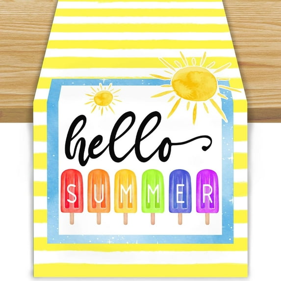 Linen Yellow Ice Cream Hello Summer Table Runner Summer Hawaiian Party Hawaii Party Ice Cream Party Decorations and Supplies for Home 13.8x71 Inch
