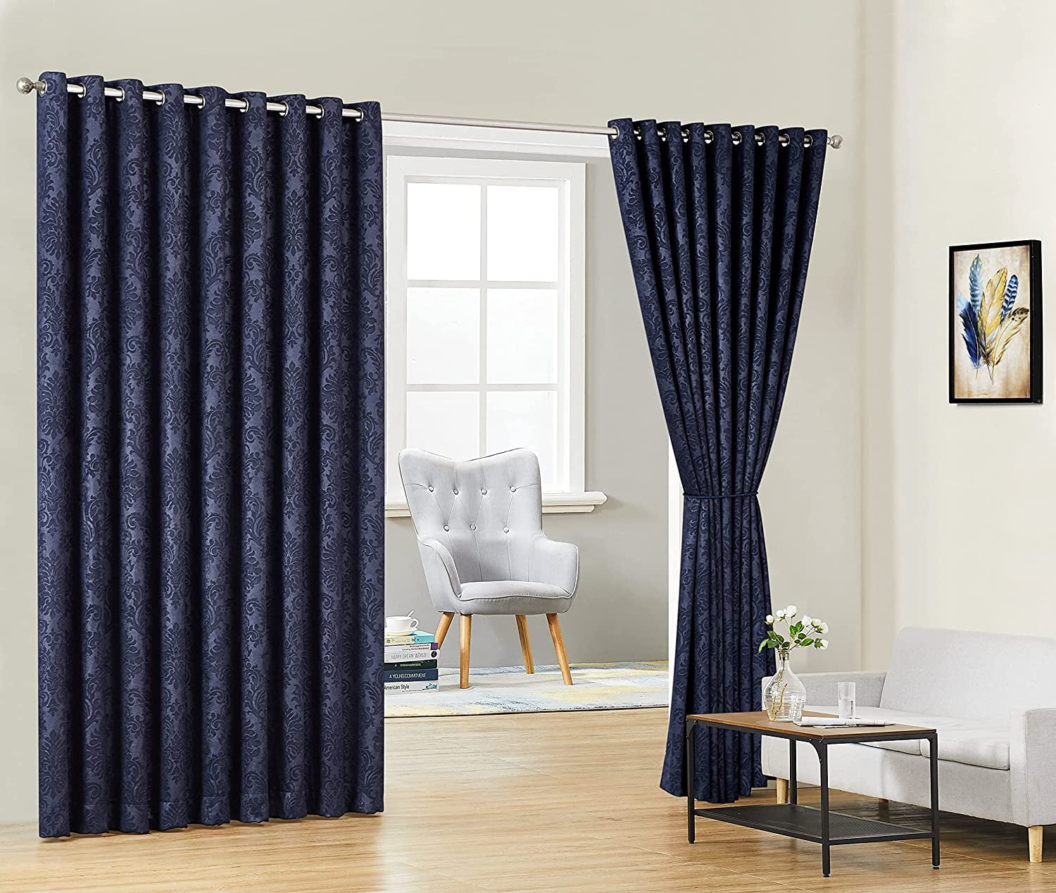 Linen Zone Blue Navy Extra Wide Curtains for Wall Partition. Sliding
