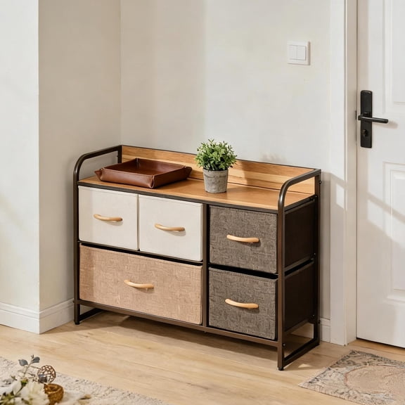 Linen and Steel Freestanding Storage Cabinet, Five Drawers, Entryway and Hallway Organizer, Modern Maple Finish