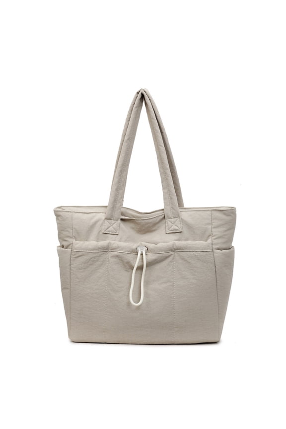 Linen-like Crinkled Puffer Tote Bag for Women, Drawstring Closure & External Pockets, Large Capacity, Student School & Daily Commute Shoulder Handbag (16.1"x4.7"x12.2", 0.64lb)