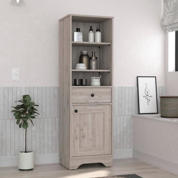 Linen single door cabinet with 3 external shelves, 1 drawer & 2 interior shelves - Ideal for storing linens in home