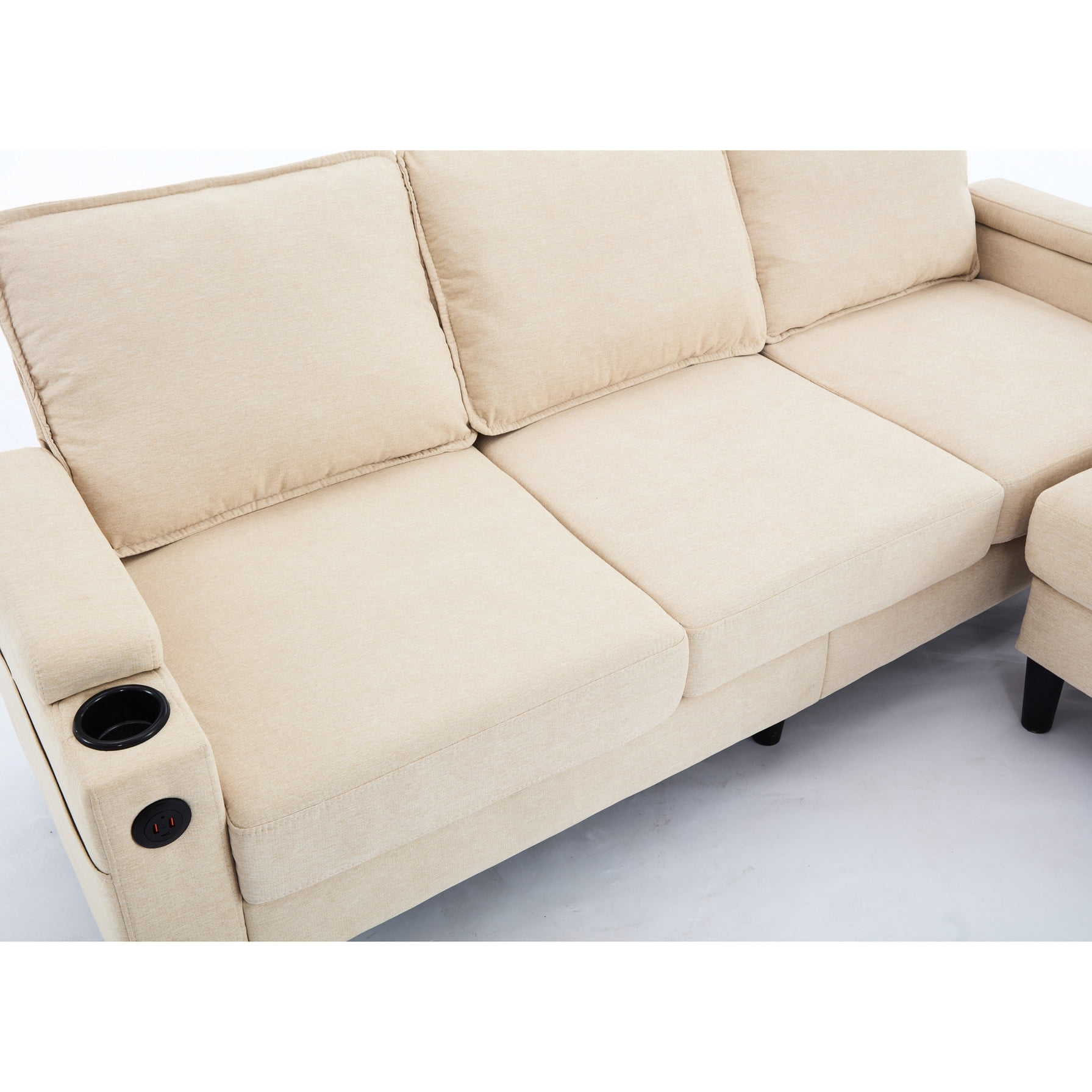 Linen upholstered 3-seat sofa with USB port and cup holders for primary ...