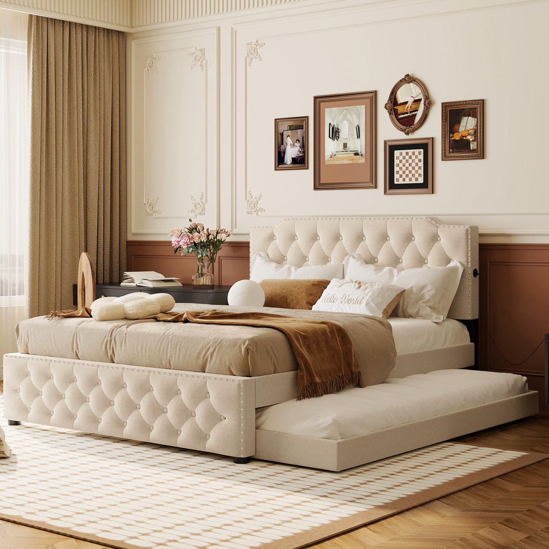 Linen upholstered queen bed with twin trundle and side USB ports for ...