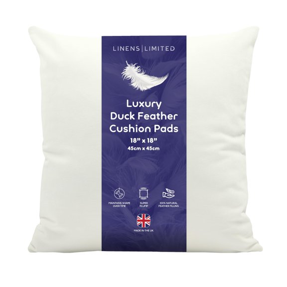 Linens Limited - Cushion Insert 45cm x 45cm, Soft and Plump Natural Duck Feather Sofa Cushion Pad, Elegant and Versatile, Easy to Clean, Small Square Cushion Inner, Perfectly Fits Covers (White)