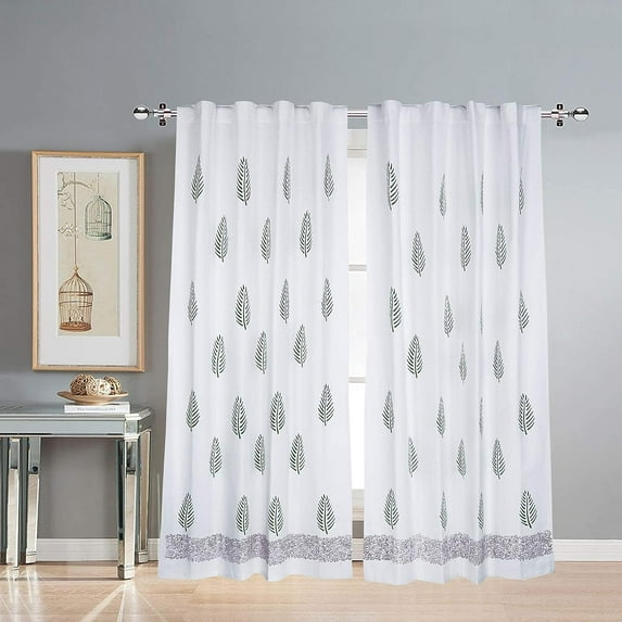 Linenwalas Natural Cotton Linen Semi-Sheer Curtains for Living Room 96 inch Length Set of 2, Rod Pocket Top, Printed Semi Transparent Curtain Balance Privacy & Light (W-52xL-96 Inches /Green Leaf)
