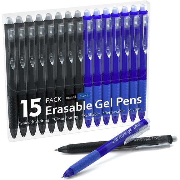 Erasable Gel Pens, 15 Pack Retractable Erasable Pens Clicker, Fine Point, Make Mistakes Disappear, 8 Black 7 Blue Inks for Writing Planner and Crossword Puzzles