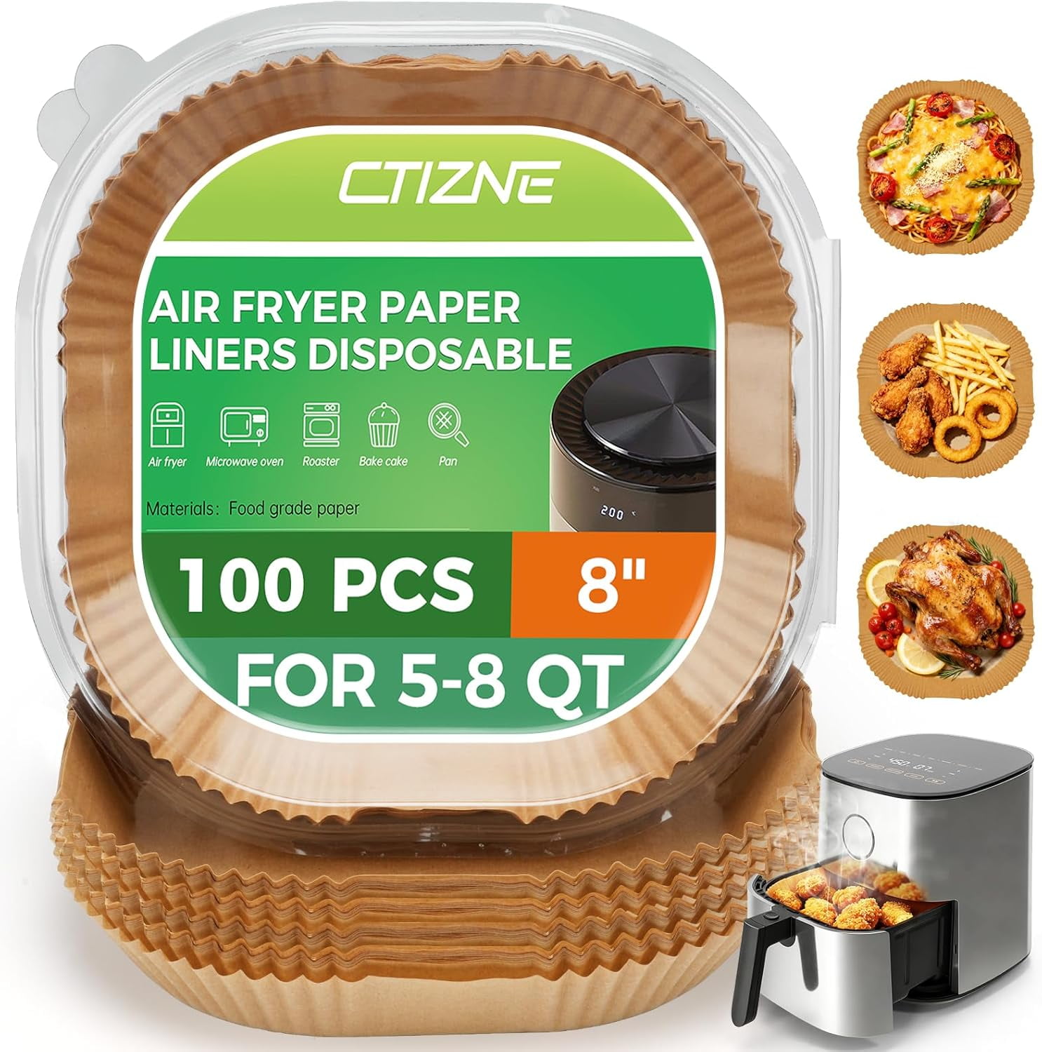Liners Disposable, 100 PCS Non-Stick Paper Liners, Waterproof and Oilproof for Easy Cleanup, 8" Square Unbleached Parchment Paper for 5-8 QT , Baking, Microwave, Oven