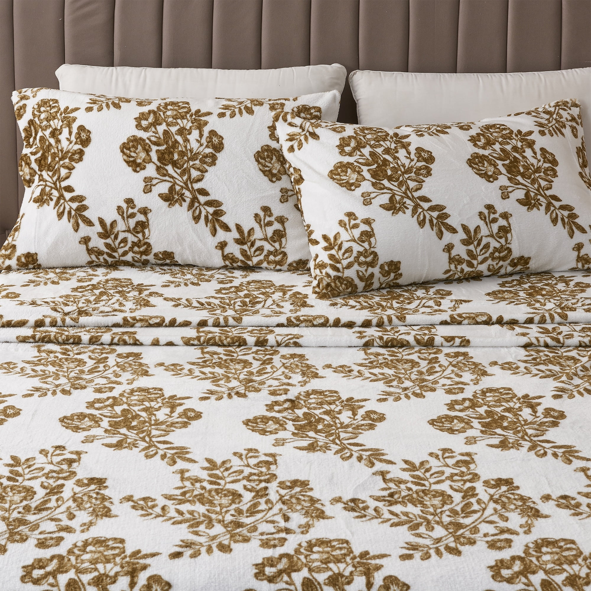Queen Olive Velvet Plush Toile Sheet Set