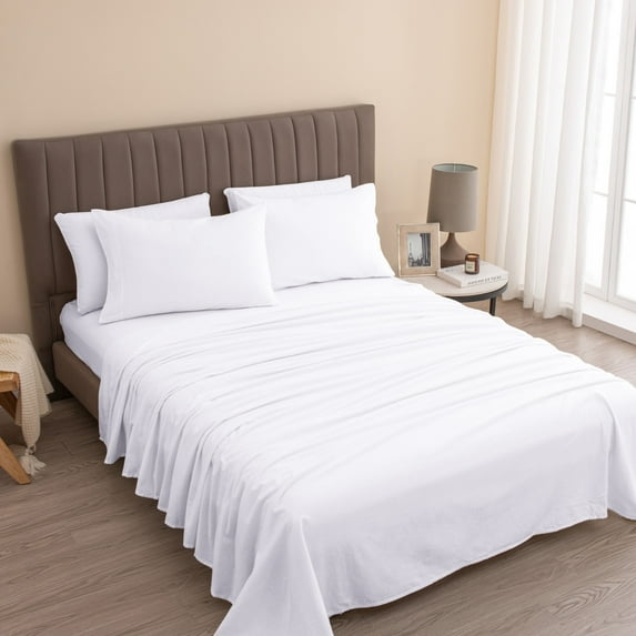 Linery & Co. Turkish Cotton Double-Brushed Solid Color Flannel Bed Sheet Set Winter White Cotton,Flannel Fully Elasticized Fitted Sheet Queen
