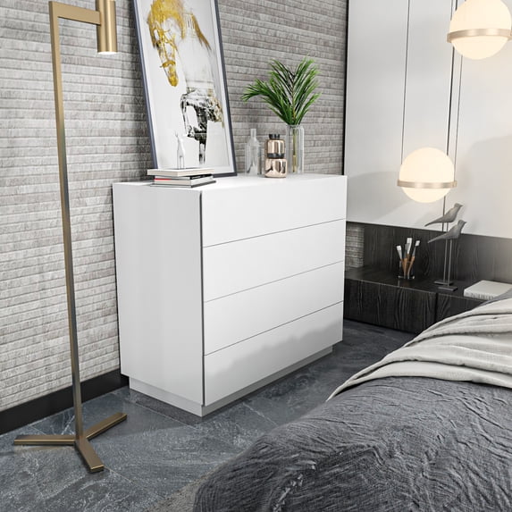 Lines 35''x 32'' 4 Wood -Drawer Dresser, Chest, Modern 4 Drawer Dresser, Bedroom Chest for Kids Room, Bathroom, Closet, Entryway, Hallway White Finish