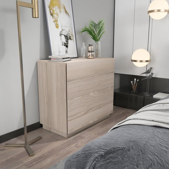 Lines 35''x 32'' 4 Wood -Drawer Dresser, Chest, Modern 4 Drawer Dresser, Bedroom Chest for Kids Room, Bathroom, Closet, Entryway, Hallway White Finish Cordoba Beige
