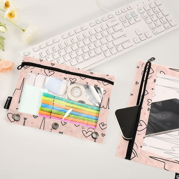 Lines Hearts Pink 2 Pack Pencil Pouches Zipper Pencil Case 3 Ring Pencil Pouch Cosmetic Bag