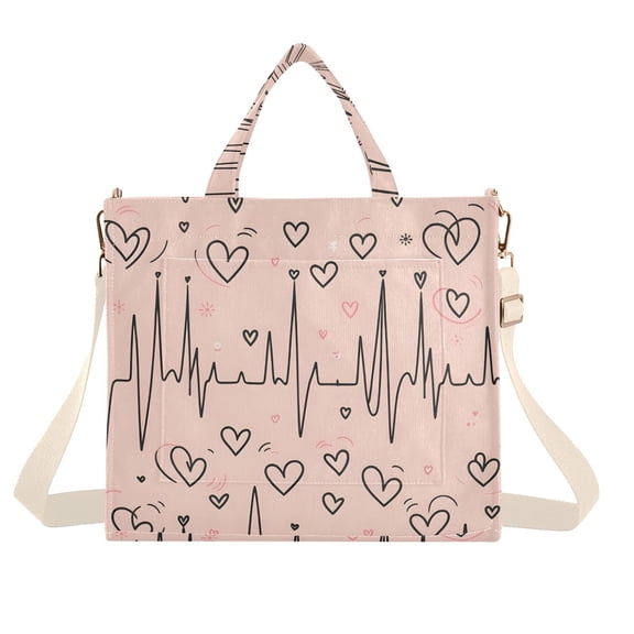 Lines Hearts Pink Corduroy Tote Bag Handbag Large Messenger Bag Shoulder Crossbody Zipper Bag Purse