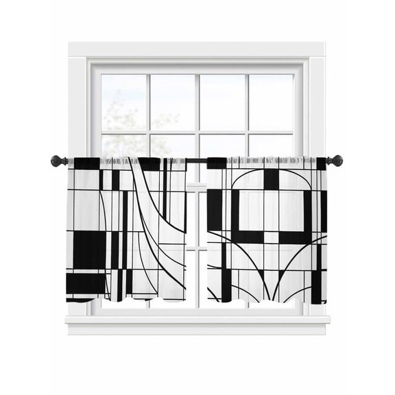 Lines Sheer Curtains 2 Panels Set Abstarct Geometric Black White Lines Plaid Sheer Window Curtains Light Filtering Rod Pocket Voile Drapes for Bedroom Living Room 52"x54"