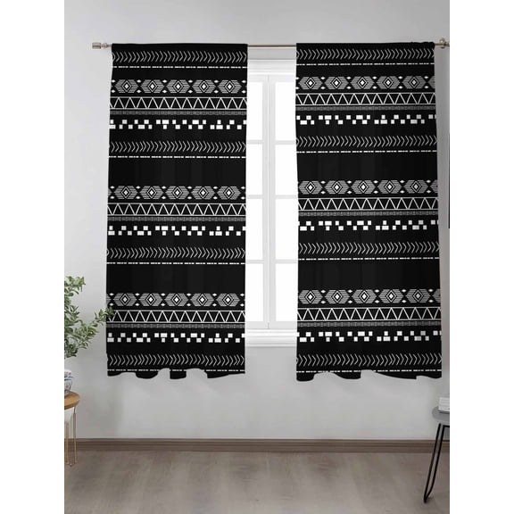 Lines Stripe Diamond Triangle on Black Chiffon Sheer Curtains 72 Inches Long, Ethnic Tribal Pattern 2 Rod Pocket Window Treatment Voile Drapes Curtains for Living Room Bedroom,2 Panels, 52x72In