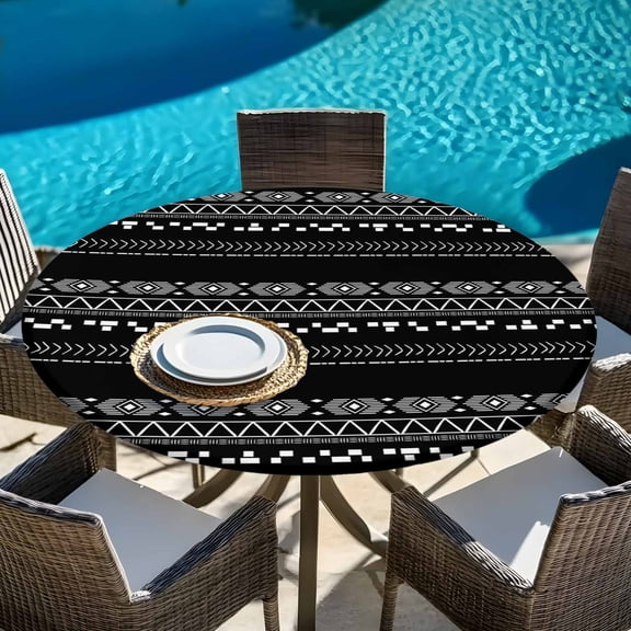 Lines Stripe Diamond Triangle on Black Round Fitted Tablecloth with Elastic Edge,Waterproof Table Cloth Fits 45"-54" Tables,Wipeable Table Cover for Indoor Outdoor Dinning,Ethnic Tribal Pattern