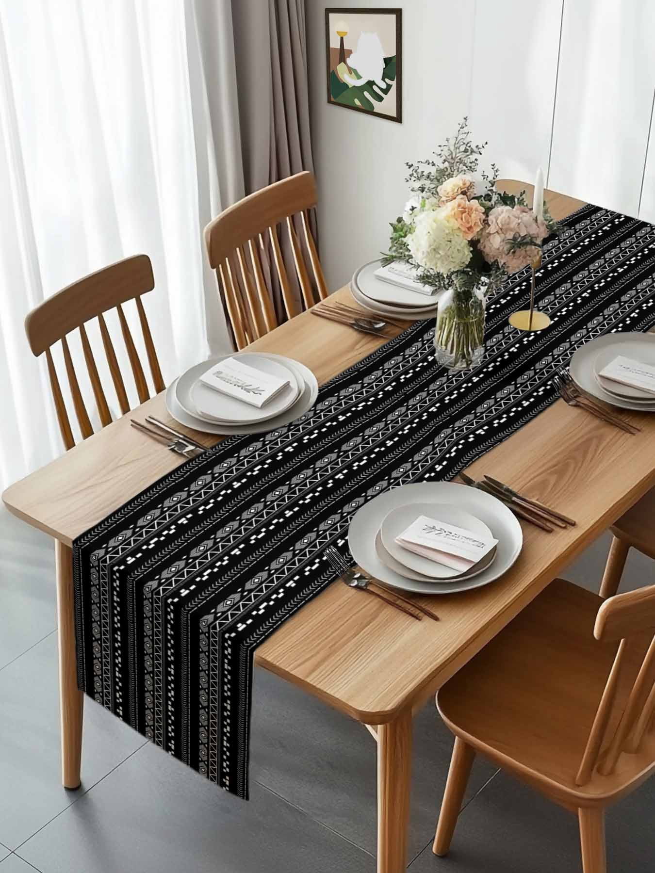 Lines Stripe Diamond Triangle on Black Table Runner 90 Inches Long, Ethnic Tribal Pattern Table Runners Tabletop Scarf Kitchen Dining Tables Decoration for Home Party Indoor Outdoor