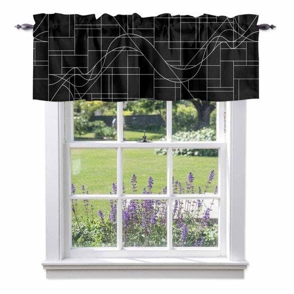 Lines Valances for Windows Abstarct Geometric White Lines Black Rod Pocket Cafe Window Treatments Valance Curtains for Kitchen Bathroom Laundry Basement Windows 60"x14"