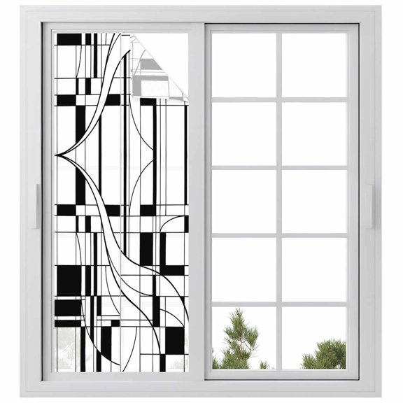 Lines Window Privacy Film, Abstarct Geometric Black White Lines Plaid Frosted Glass Window Clings Static Cling UV Heat Blocking Reusable Door Sticker for Bathroom 29.5 x 78.7 Inch