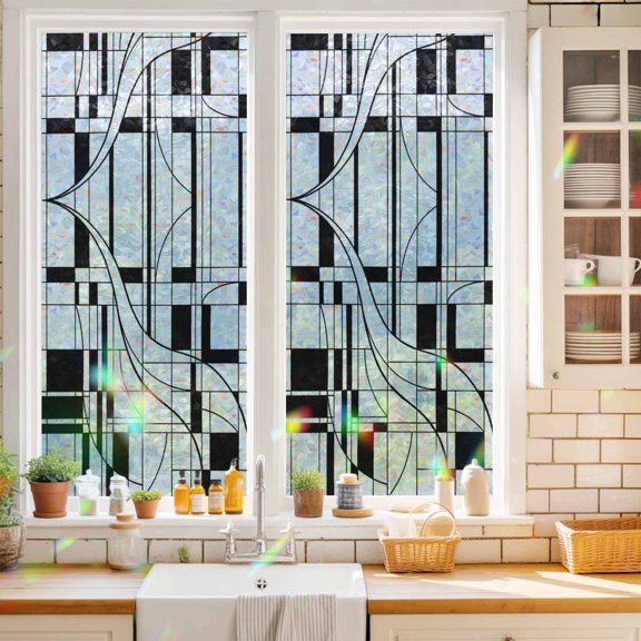 Lines Window Privacy Film Abstarct Geometric Black White Lines Plaid Static Cling Stained Glass Window Film Non-Adhesive Decorative Decals Rainbow Sticker 17.7"X39.3"