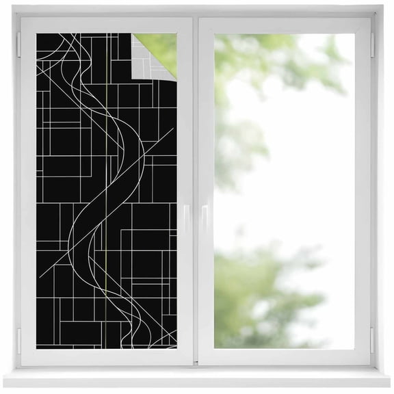 Lines Window Privacy Film, Abstarct Geometric White Lines Black Frosted Glass Window Clings Static Cling UV Heat Blocking Reusable Door Sticker for Bathroom 19.6 x 39.3 Inch