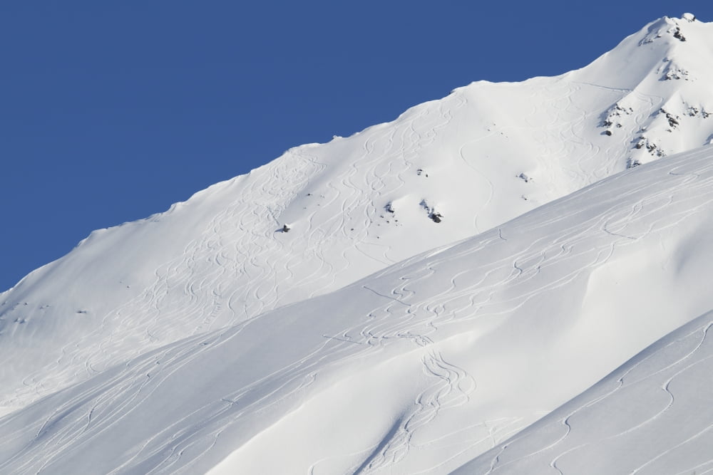 Lines carved by skiers and snowboarders who flock to Thompson Pass near Valdez to partake of the perfect powder Alaska United States of America Canvas Art - Zachary Sheldon Design Pics (38 x 24)