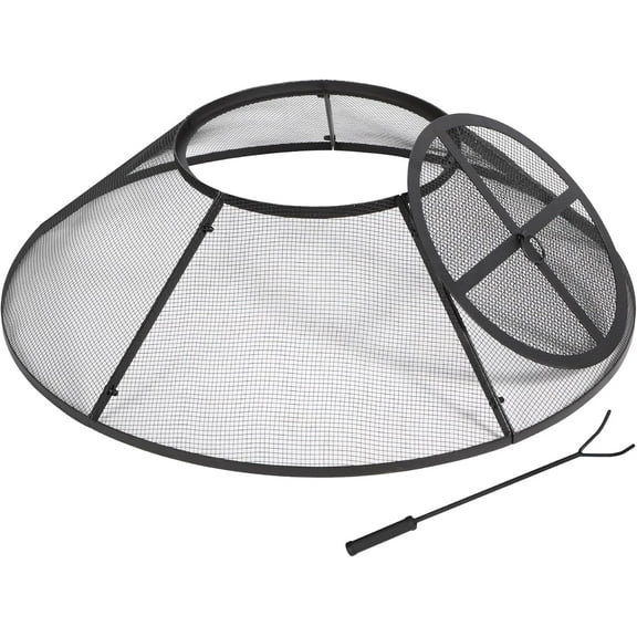 Lineslife Fire Pit Spark Screen 36 Inch with Top Cover Round, Heavy Duty Collapsible Outdoor Fire Pit Mesh Screen, Metal Fire Pit Top Lid with Ring Handle for Patio Backyard, Black