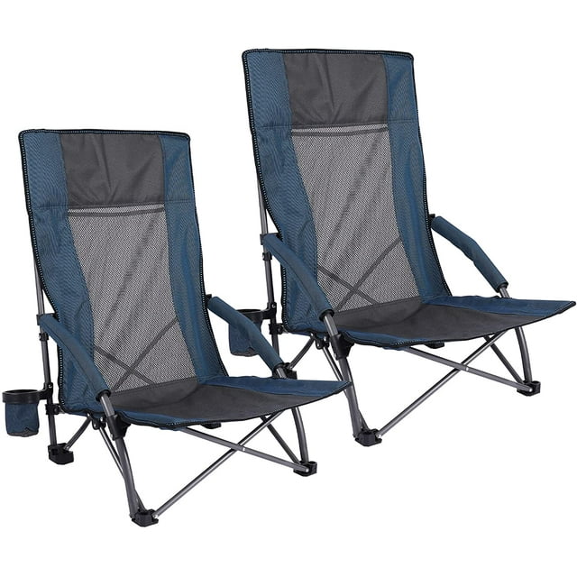Lineslife Folding Beach Chair High Back for Adults, 2 Pack Low Seat Lightweight Concert Chairs Portable for Camping Lawn Outdoor Travel, Blue