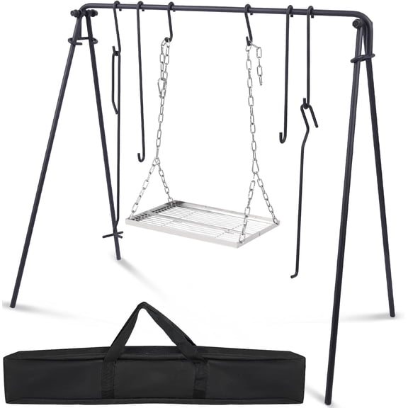 Lineslife Grill Swing Campfire Cooking Stand with Adjusatble Stainless Steel Grill Grate, Collapsible BBQ Grill with Hooks and Accessories for Outdoor Camping Cookware & Dutch Oven