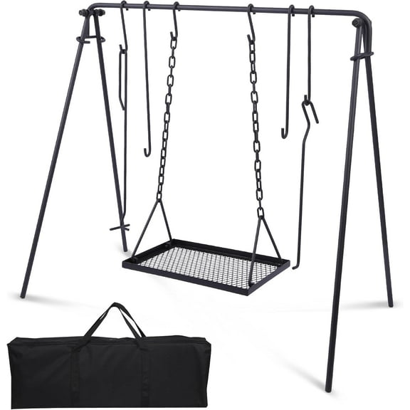 Lineslife Grill Swing Hanging Campfire Cooking Stand with Adjustable Iron Grill Grate, Collapsible Campfire Cooking Rack with Hooks and Accessories for BBQ Picnic, Outdoor Camping Cookware