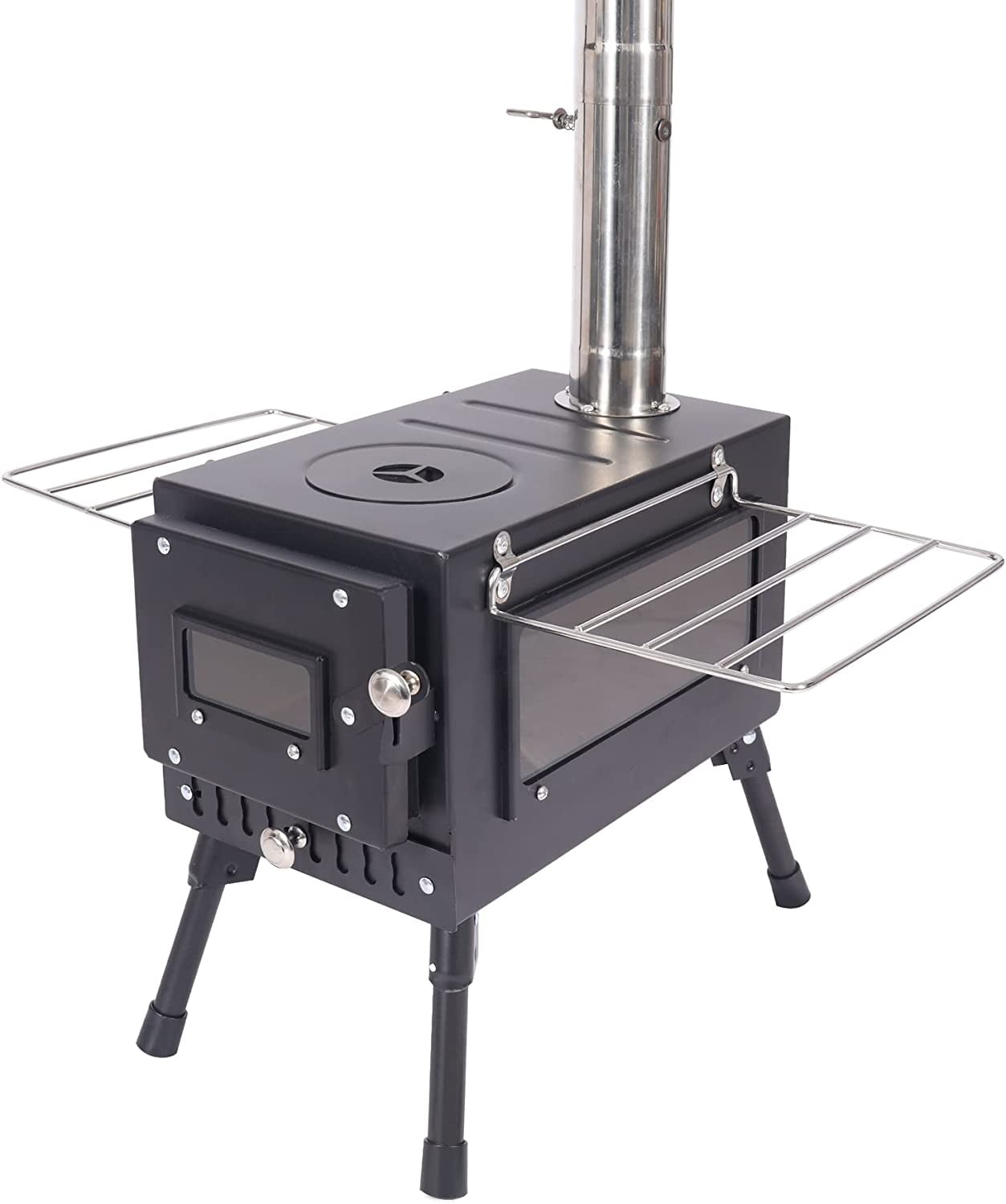 Lineslife Hot Tent Stove Wood Burning with Glass, Portable Camping Wood Stove with Windproof Chimney for Tent Shelter Outdoor Cooking Heating, Black