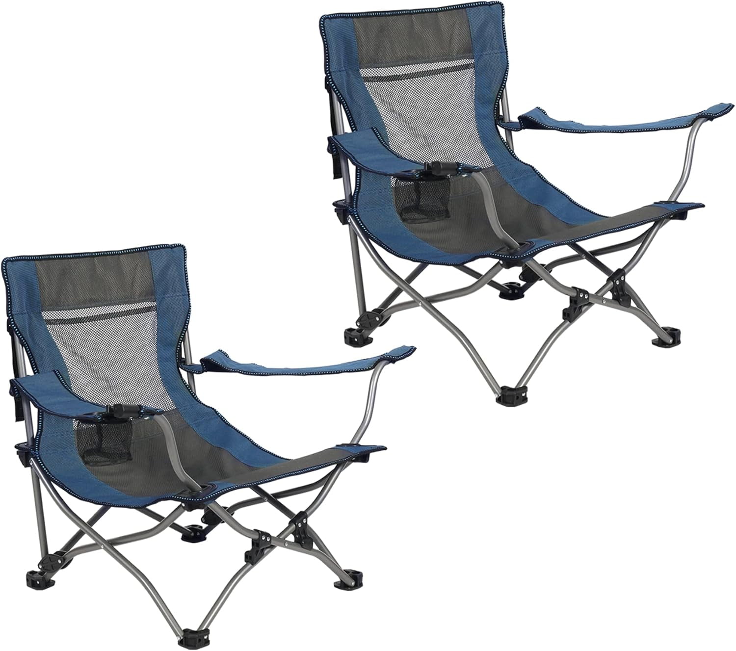Lineslife Low Beach Chairs with Adjustable Backrest and Cup Holder, Portable Camping Chairs with Adjustable Armrest, Low Lawn Chairs for Outdoor BBQ, Travel, Picnic, Navy 2 Pack