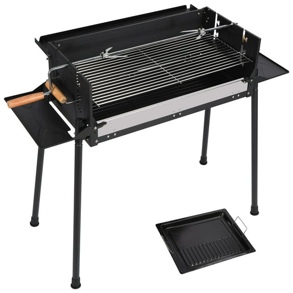 Lineslife Portable Charcoal Grill, Foldable BBQ Grill with Rotatable Roast Chicken Rack & Baking Pan, Camping Barbecue Kabob Grill for Picnic Backyard Party Outdoor Cooking